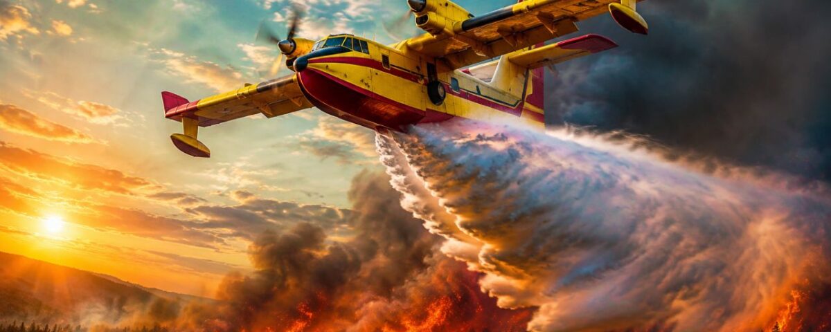 Canadair CL-415 aircraft dropping water over a wildfire during an aerial firefighting mission