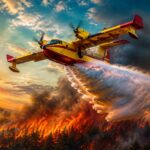 Canadair CL-415 aircraft dropping water over a wildfire during an aerial firefighting mission