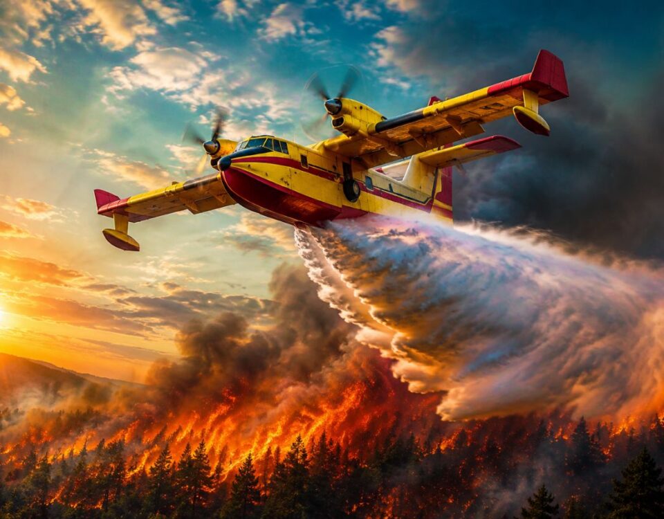 Canadair CL-415 aircraft dropping water over a wildfire during an aerial firefighting mission